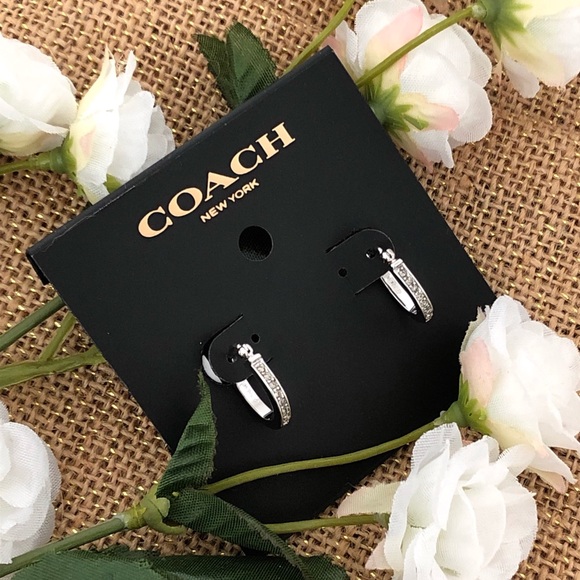 NWT Coach Silver Pave Signature Huggie Earrings - Picture 2 of 6